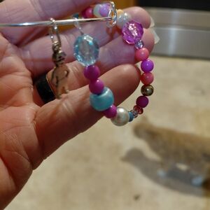 Colorful Pink & Turquoise Beaded Bracelet with Silver Charm